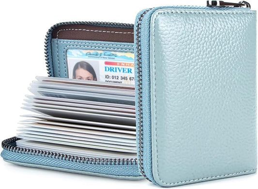 Suweibuke Genuine Leather Credit Card Holder Zipper Wallet RFID Blocking Secure Card Case ID Case Organizer (Light Blue)