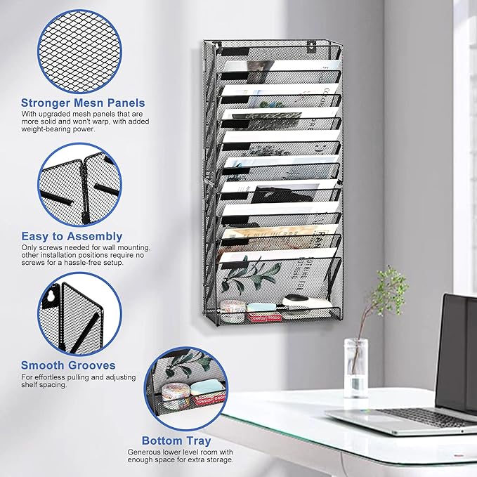 EasyPAG Wall File Holder 10 Tier Mesh Hanging Folder Organizer with Flat Tray Wall Mounted Mail Organizer Magazine Paper Desk Shelf with Nametag Label for Office Home School, Black
