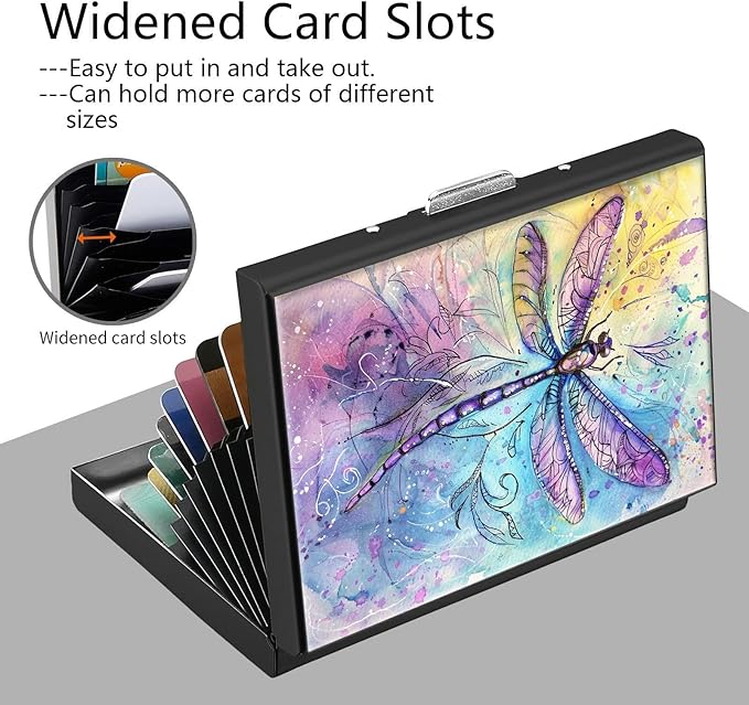 Credit Card Holder, Dragonfly Watercolour Design Mini RFID Blocking Aluminum Wallet Slim Metal Hard Case Shell Travel Wallet ID Case Small Credit Cards Case Business Cards for Women Men Girls