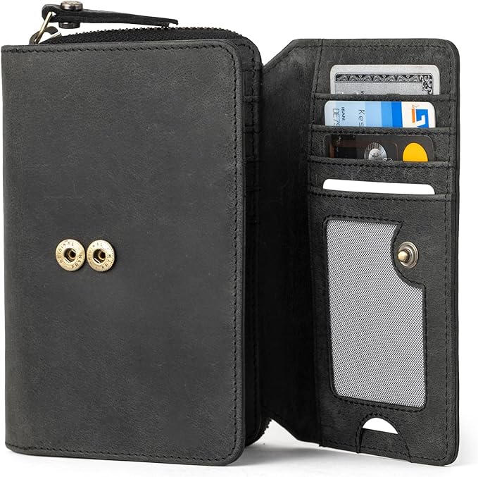 BERLINER BAGS Vintage Genuine Leather Wallet Vienna, RFID Blocking Credit Card Holder, Trifold Clutch Purses, Zip Around Womens Wallet for 19 cards, ID window, Bills, Coins - Dark Grey