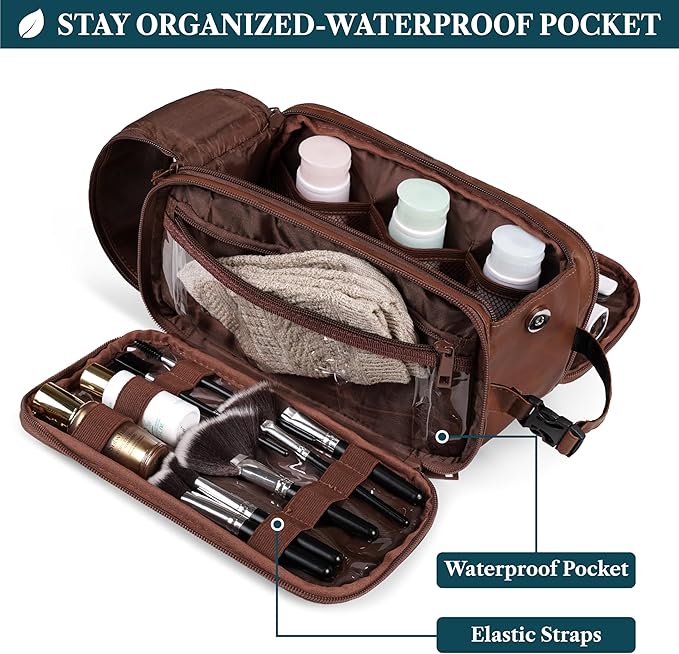 PAVILIA Toiletry Bag for Men, Hanging Travel Dopp Kit Organizer, PU Leather Water Resistant Bathroom Bag for Shaving Grooming, Large Capacity Cosmetic Bag Travel Essentials, Brown