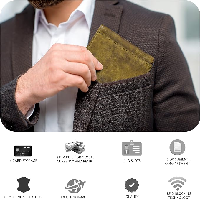 Tri fold Leather Wallet for Men with RFID | Slim Wallets for Men with 1 ID and 6 Credit card slots | Front Pocket Minimalist
