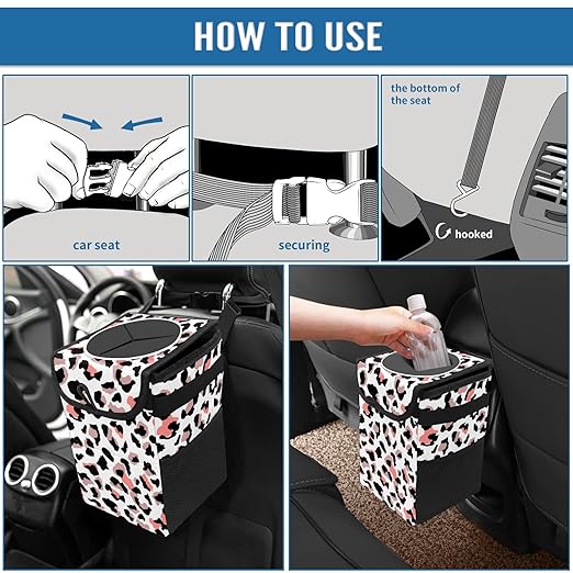 Car Trash Can Leopard Print White Pink Wate-rproof Auto Garbage Bag Car Trash Can with Lid Leak-Proof Car Storage Bag Hanging for Headrest Collapsible and Portable with Storage Mesh Pocket