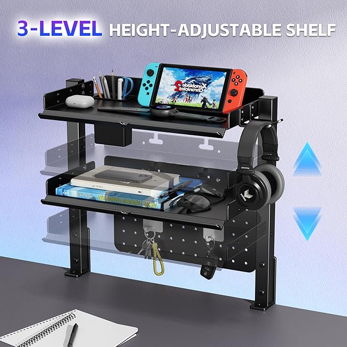 2-Tier Metal Clamp On Desk Shelf, Adjustable 16 inch Desk Storage Shelves with Pegboard and Pencil Holder,Above or Under Heavy Duty Desktop Organizer with Headphone Holder for Desk Accessories (Black)