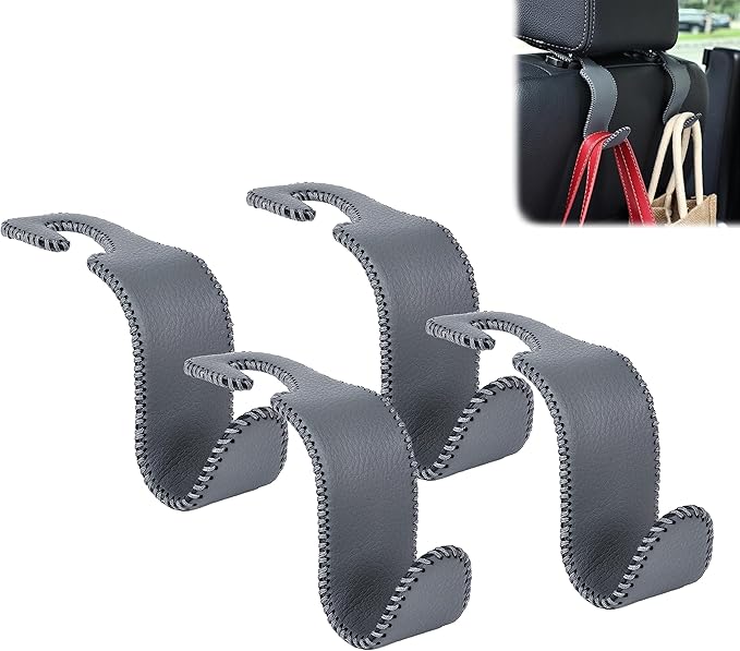 Amooca Car Seat Headrest Hook Universal Vehicle Storage Hanger Leather with Metal Car Seat Back Organizer for Handbag Purse Coat Grey 4 Pack