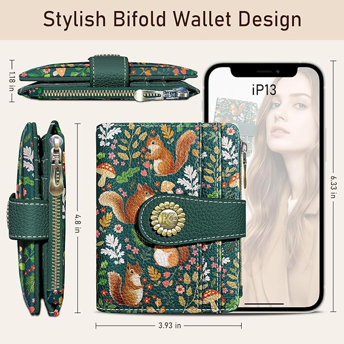 Kelvoris Cute Squirrels Small Rfid Women Wallet Bifold Zipper Coin Pocket PU Leather Compact Cash Credit Card Holder Travel Wallet for Female Ladies Teen Girls 1 ID Window 10 Card Slots
