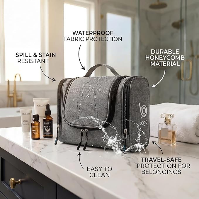 Bago Travel Toiletry Bag for Women and Men - Large Waterproof Hanging Large Toiletry Bag for Bathroom and Travel Bag for Toiletries Organizer - Makeup Bag (SnowGray)