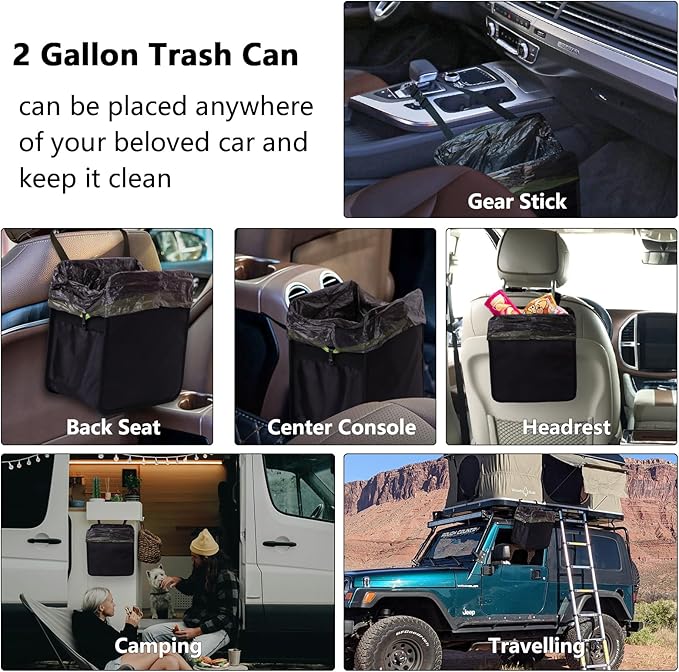 Ginsco 2 Gallons Open-Top Car Trash Can, Hanging Leakproof Car Trash Bag with Water-proof PEVA Liner, Stand Trash Bag for Cars Foldable Automotive Garbage Can for Cars SUV Truck RV Black