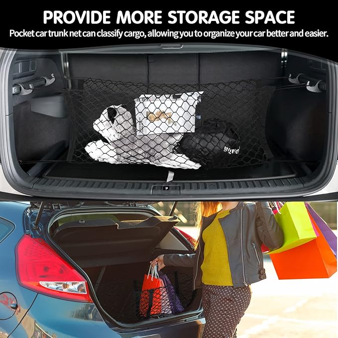 Tallew 2 Pcs Car Rear Cargo Net, Adjustable Elastic Mesh Cargo Net, 3 Pocket Heavy Duty Trunk Bed Storage Organizer, Universal for Car SUV Vehicle Pickup Truck with Accessories(35.4 x 15.7 inches)