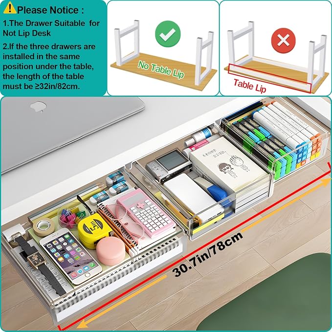 SVNNELP Under Desk Table Drawer Storage Organizer,3 Pack Small & Medium & Large Slide Out Desk Drawers - Hidden Desktop Organizer,Adhesive Storage Pencil Tray Under Table(Clear/LMS)