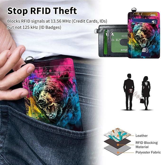 Slim Minimalist Front Pocket Wallet,Credit Card Holder Wallet for Women Men,RFID Blocking Credit Card Holder Case Leather Cute Small Thin Wallet ID Window&Wrist Strap,Colorful Bear