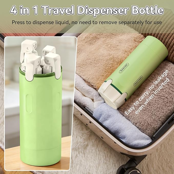 4 in 1 Travel Dispenser Bottle, 30ML/Pack Squeeze Bottles, Portable Refillable Containers for Toiletries/Shampoo/Conditioner/Shower Gel (Green)