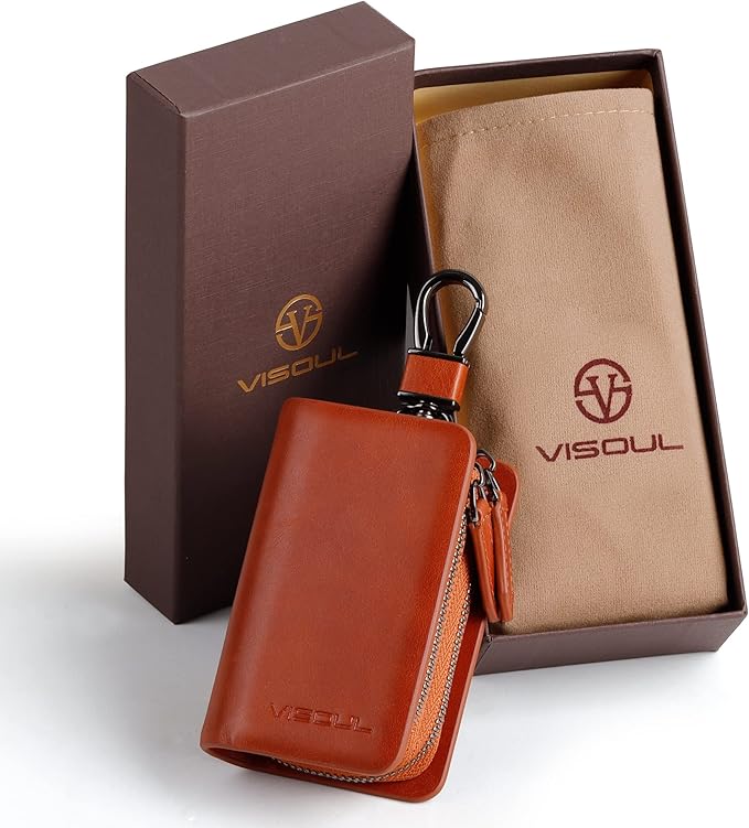 VISOUL Car Key Case Holder Double Zipper, Leather Car Smart Key Fob Case with Keychain for Men and Women