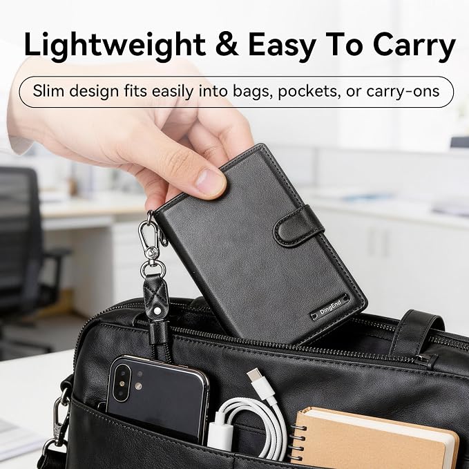 Passport Holder for Travel, RFID Blocking Card Wallet, Apple MFi Certified Smart Passport Cover Works with Find My, Rechargeable Travel Wallet with Lanyard, PU Leather, Black