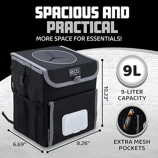 Eco Hygieia Leakproof Car Trash Can - Portable Hanging Car Garbage Can with Adjustable Elastic Strap, Wipes & Tissue Box Holder, Spillproof Opening, Mesh Pockets, Waterproof Lining