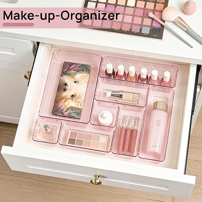 Vtopmart 25 PCS Plastic Drawer Organizers Set, 4-Size Versatile Bathroom and Vanity Drawer Organizer Trays, Storage Bins for Makeup, Bedroom, Kitchen Gadgets Utensils and Office