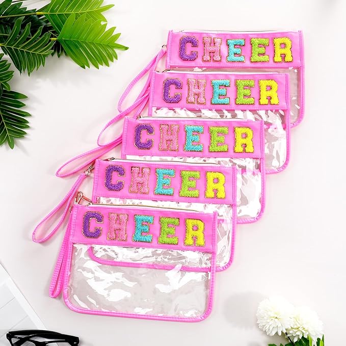 Abbylike 1 Pcs Cheer Bags Chenille Letter Zipper Pouch Waterproof PVC Large Bag for Travel Makeup Cosmetic Storage Organizer for Mom Team Cheerleaders Teacher(Pink)