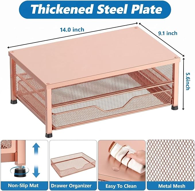 OPNICE Computer Monitor Stand Riser, Desk Organizer with Drawer, Printer & Laptop Stand, Office Desk Accessories & Workspace Desktop Organizers Storage for Office Supplies(Rose Gold)