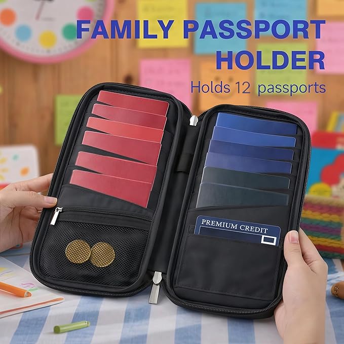 WALNEW Family Passport Holder for Travel, RFID Blocking Passport Wallet, Large Capacity Travel Document Organizer with Water-Resistant Nylon & Exterior Ticket Pocket