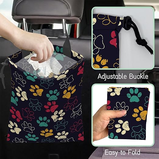 Colorful Paw Car Trash Bag,Hanging Drawstring Car Garbage Bag, Waterproof Canvas Car Back Seat Organizer with Adjustable Buckle, for Vehicles, SUVs, Camping, Road Trips
