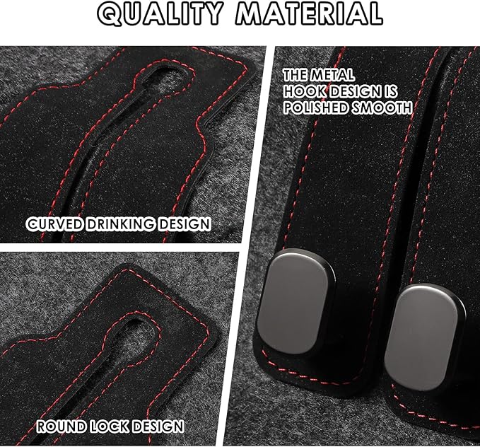 KINIVA Car Seat Headrest Storage Hooks, Set of 2, Suede PU Leather, Double Hooks (Black)