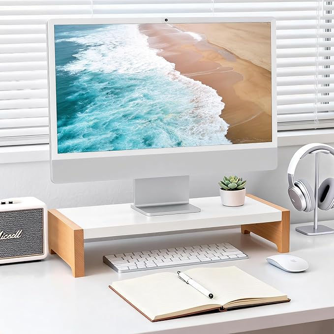 ARCOBIS Monitor Stand Riser, White Metal & Wood Computer Monitor Stand Riser for Desk, Max Load Capacity 40LB