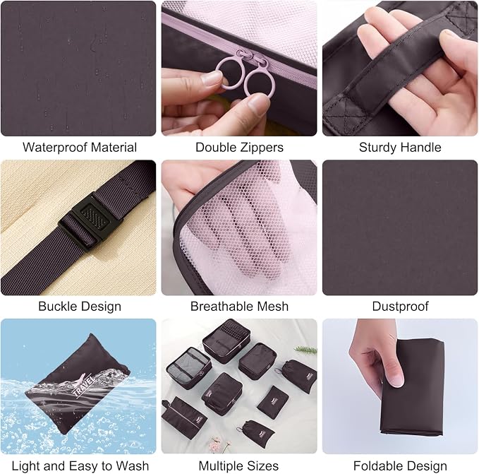 Packing Cubes for Travel - 8 Set Luggage Organizer Bags for Family, Mesh Breathable Packing Cubes for Suitcases Durable Travel Essentials Bags Set (Upgrade-Brown)