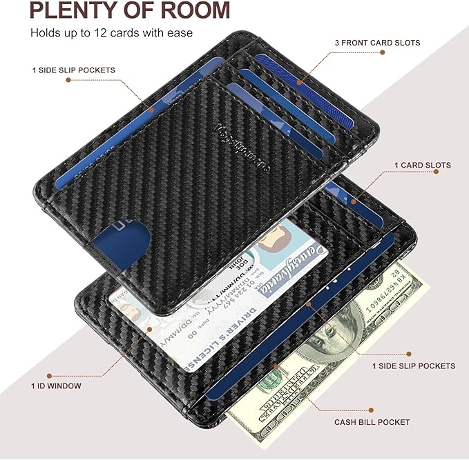 Front Pocket Thin Wallet for Men Women RFID Blocking Credit Card Holder Card Cases Slim Minimalist Wallet with Gift Box Carbon Fiber Black