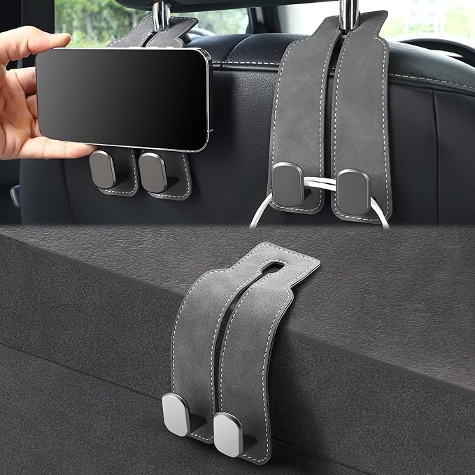 LivTee Headrest Purse Hook for Car, Seat Hook Hangers Storage Organizer for Bags and Coats Holder, Upgrade Leather Double Hook and Mobile Phone Holder for Universal Vehicle Car Accessories (Grey)
