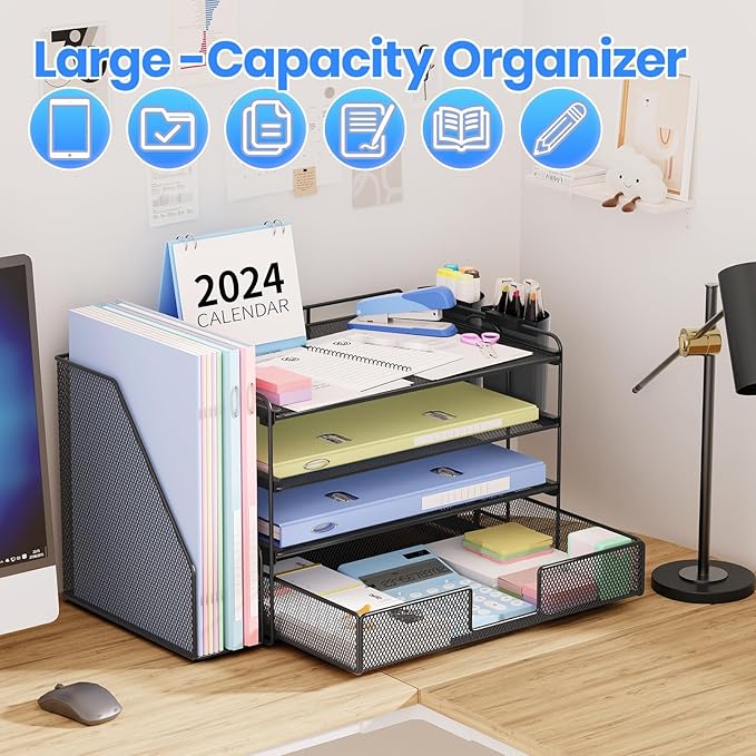 OPNICE Desk Organizer, 4-Tier Desktop File Organizer with Drawer and 2 Pen Holders, Office Desk Accessories, File Sorters, Workspace Organizers for Office Supplies(Black-2pack)