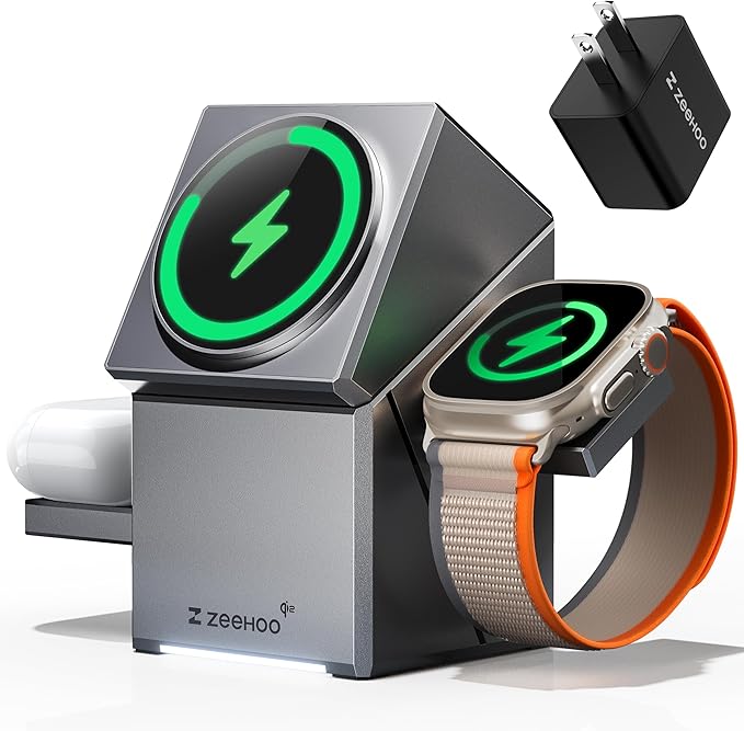 ZEEHOO 3 in 1 Charging Station for Apple, Mag-Safe for iPhone Charger, Qi2 Certified Rotating Wireless Charger Stand for iPhone 17,16,15,14,13,12 Series, Apple Watch, AirPods (USB-C Charger Included)