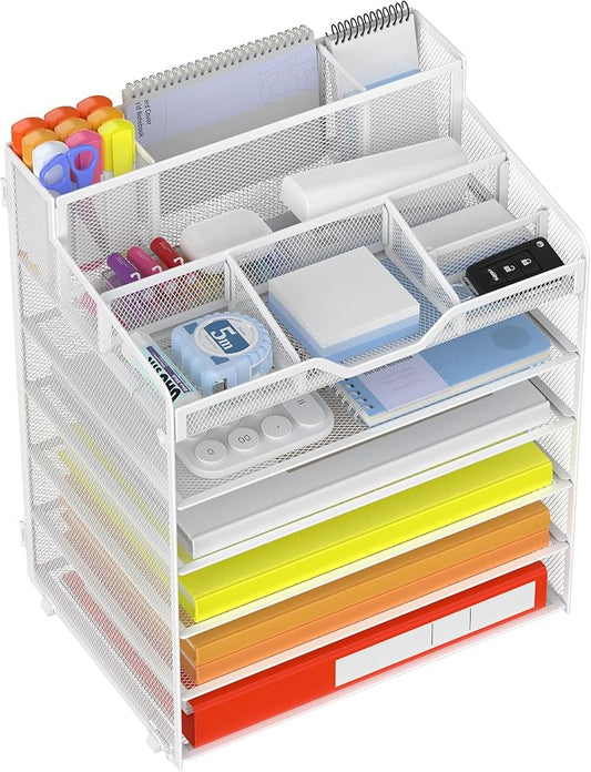 Docnest 6 Tier Mesh Desk Organizer for Paper Office Supplies – Multi-Functional Letter Tray with 5 Adjustable Compartments, 4 Pen Holders, Desktop Storage for Files, Mail, Stationery – White