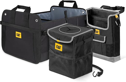 CAT® 3-Piece Car Organizer Bundle – Collapsible Trunk Organizer, Portable Seat Caddy with Adjustable Straps & 2.4 Gallon Leak-Proof Trash Can Cooler for Cars, Trucks, and SUVs Black