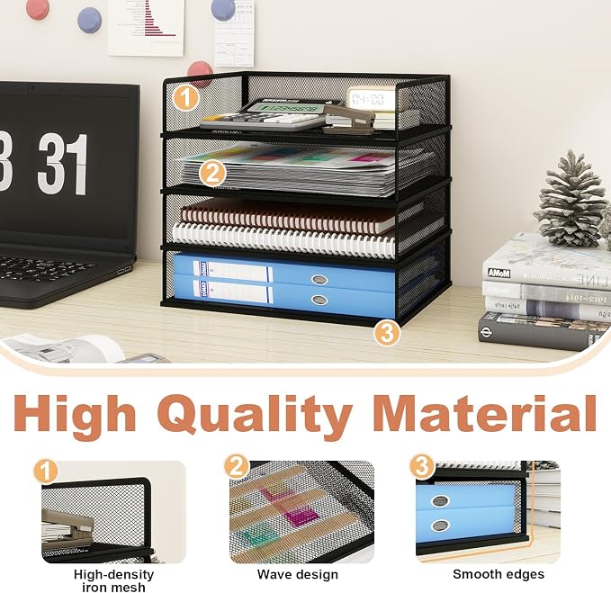 Natwind 4-Tier Stackable Metal Mesh Letter Paper Tray Organizer,Black | Desk Organizer For Paper,Document,Mail Tray For Office Supplies,File Holder For Home Office School Classroom Organization