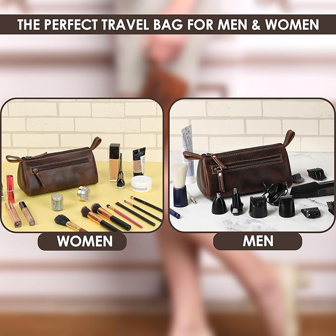 Leather Makeup Bag for Women – Genuine Leather Cosmetic Bag Travel, Handmade Zippered Makeup Pouch, Small Toiletry Bag, Shaving Kit & Stationery Organizer- Brown