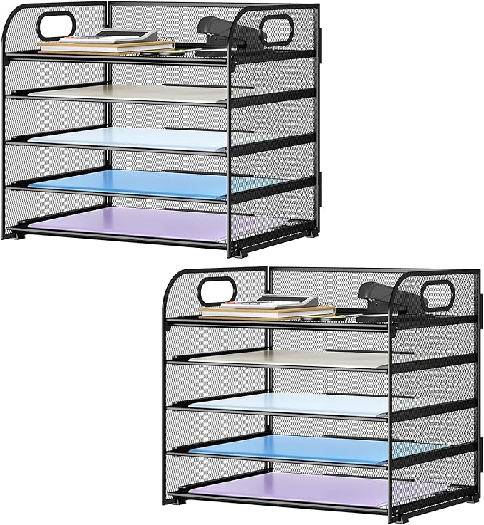 Paper Organizer Letter Tray with Handle Mesh 5 Trays Desk File Organizer Paper Sorter Desk Organizer for Office, Home or School-Black 2 Pack