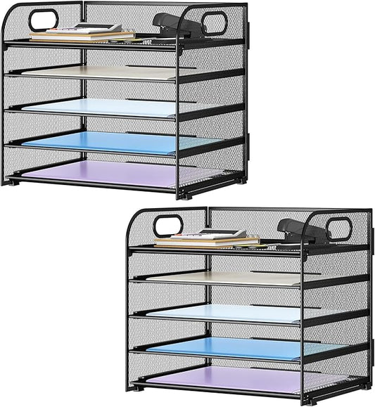 Paper Organizer Letter Tray with Handle Mesh 5 Trays Desk File Organizer Paper Sorter Desk Organizer for Office, Home or School-Black 2 Pack