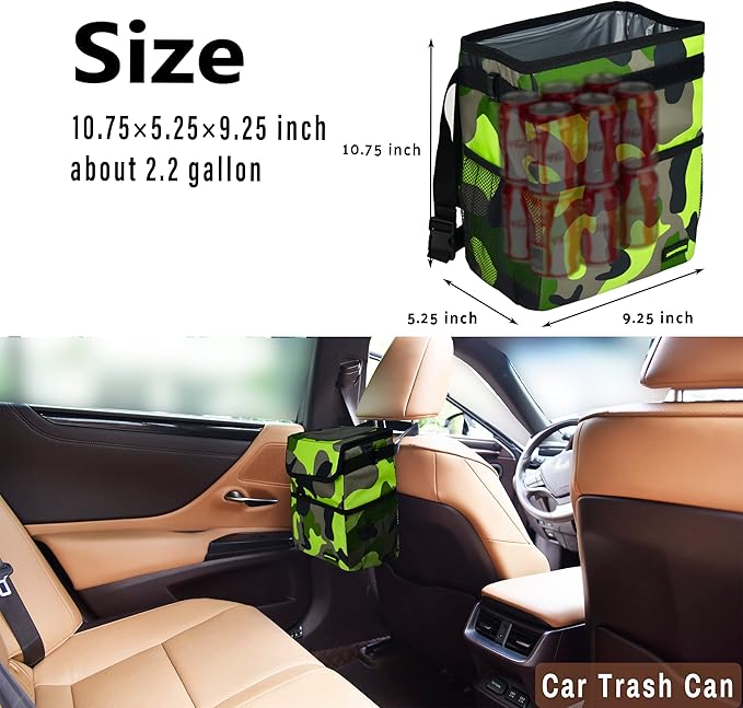 SIBOFUEGO Cute Car Trash Can with Lid – Multipurpose Collapsible Trash Bin for Car, Leak-Proof Organizer, Waterproof Garbage Can with Storage Pockets & Adjustable Straps, 2 Gallons (Camo Green)