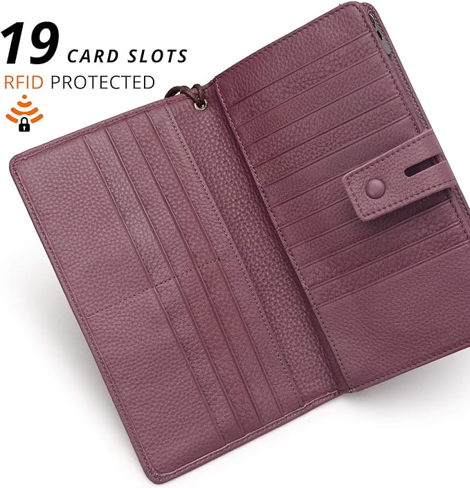 Bveyzi Women's Big Fat Rfid Leather Wristlet Wallet Organizer Large Phone Checkbook Holder with Zipper Pocket (Purple)