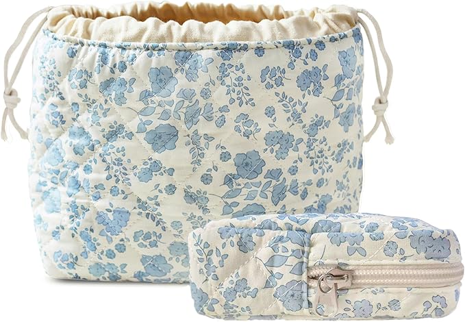 HAPPYHEIDI Floral Quilted Cotton Drawstring Makeup Bag Set 2 Compartment Cosmetic Toiletry Travel Pouch Accessory purse Organizer, Blue Orchids
