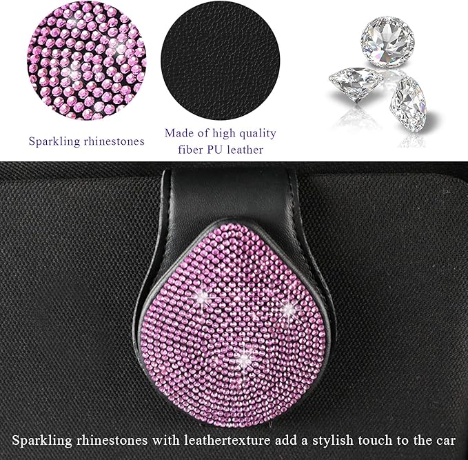 KVAEY Bling Sunglass Holder for Car Visor, Magnetic Leather Visor Clip Glasses Holder with Sparkling Rhinestones, Crystal Visor Ticket Card Clip for Women Girls, Car Accessories (Black & Pink)