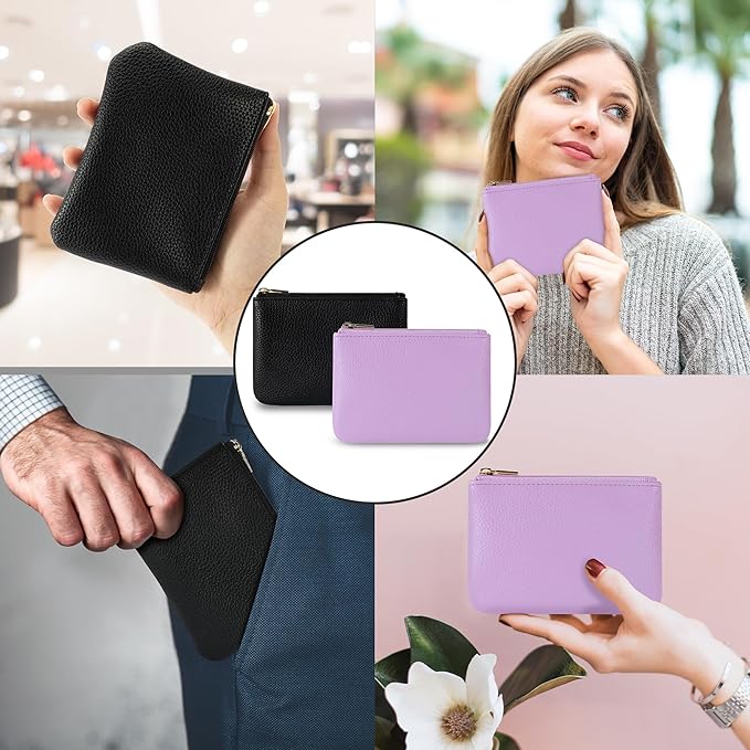 Chelmon PU Leather Coin Purse Pouch Change Holder Small With Zipper for Men Women 2 PCS Set (Black&Purple)