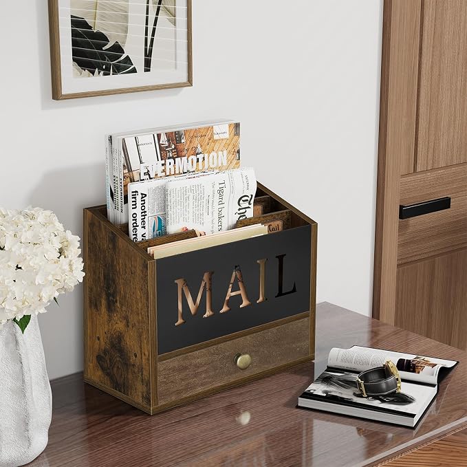 YINMIT Mail Organizer Countertop with 3 Compartments and Drawer, Mail Holder for Desk, Mail Sorter, Mail Organizer Wall Mounted, Countertop Desk Office Accessories Organizer for File Paper Folder