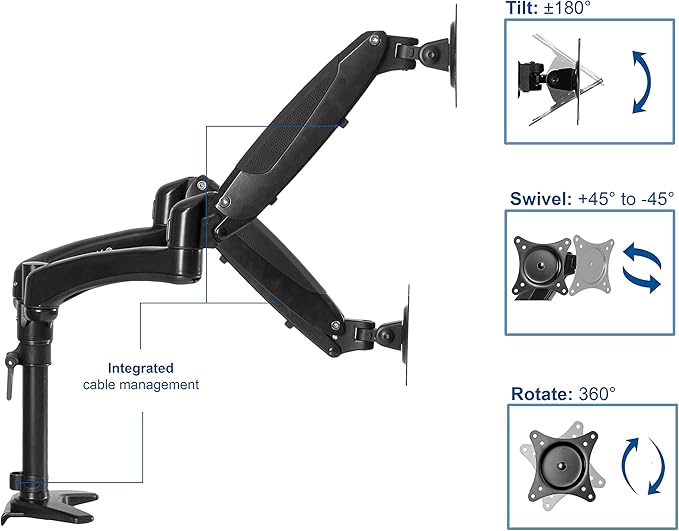 VIVO Premium Black Dual Monitor Pneumatic Counterbalance Height Adjustable Arm, Desk Mount Stand, Holds 2 LCD Screens up to 27 inches STAND-V002JB