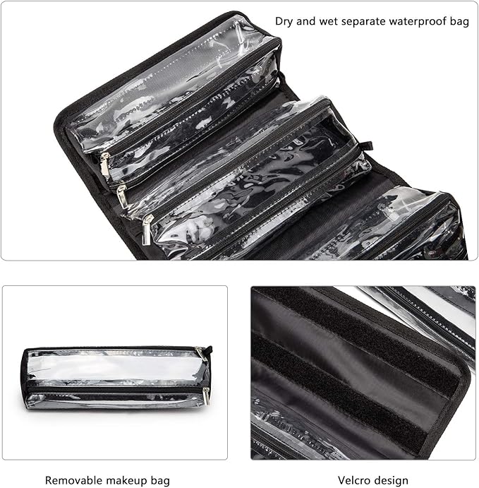 ROYALFAIR Roll Up Makeup Bag, Travel Toiletry Bag for Women with 4 Clear TSA Approved Pouches, Hanging Travel Organizer, Folding Cosmetic Bag for Men and Women