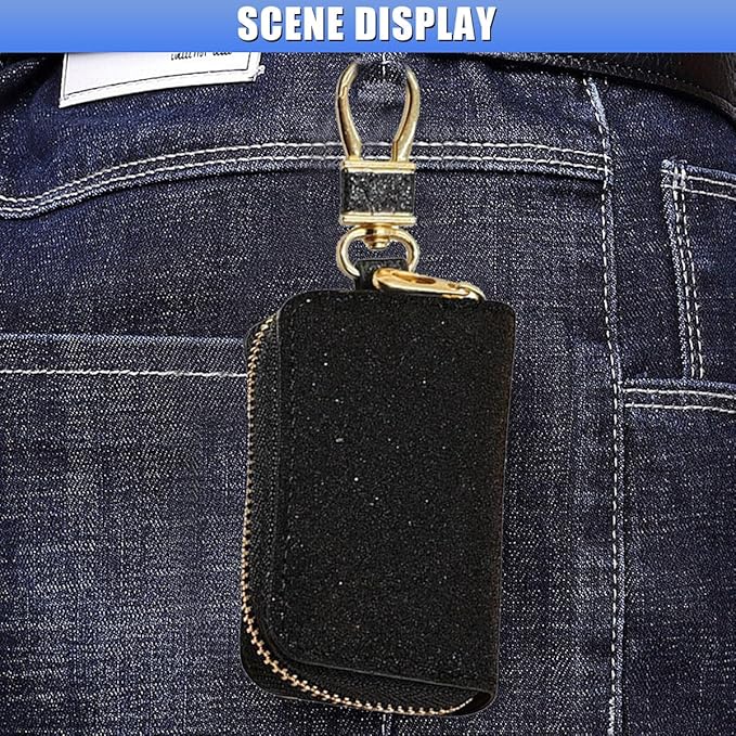 Bling Car Key Case, Leather Keyring Zipper Bag with Metal Hook, Remote Key Fob Cover, Auto Keychain Holder (Black)