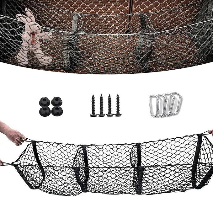 WZP Cargo Net for SUV, Expandable 3 Pocket Heavy-Duty Trunk Net, Truck Cargo Net for Pickup Truck Bed with 4 Metal Hooks, Universal Black Mesh Storage Pocket for Most Vehicles