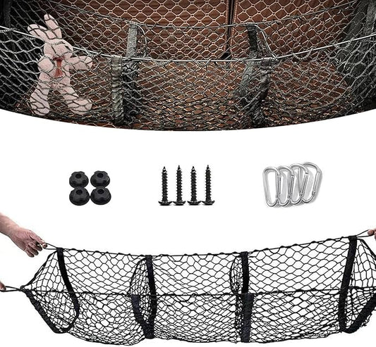 WZP Cargo Net for SUV, Expandable 3 Pocket Heavy-Duty Trunk Net, Truck Cargo Net for Pickup Truck Bed with 4 Metal Hooks, Universal Black Mesh Storage Pocket for Most Vehicles