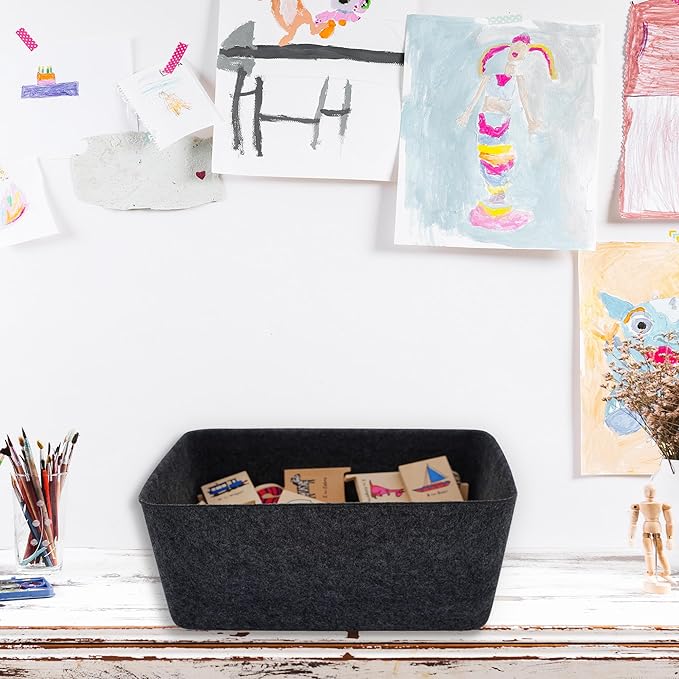 Welaxy Felt Storage Bin, Deep Wide Drawer Organizer Caddy for Makeup, Jewelry, Stationery, Closet & Bathroom, Minimalist Storage Box (Charcoal Bin, M)