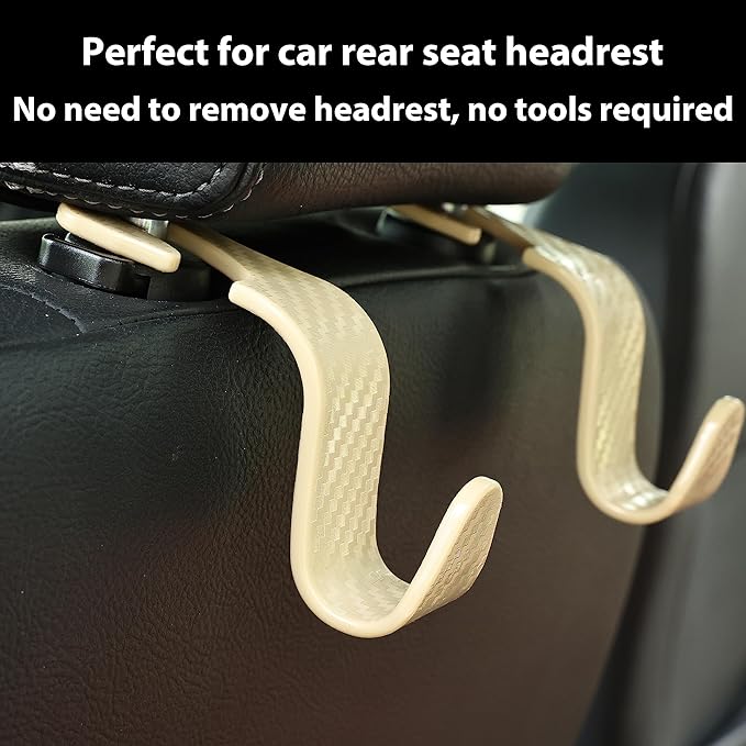 Car Seat Headrest Hook Universal Vehicle Seat Hook Hangers Interior Storage Organizer for Purse Handbag Coats Umbrellas Grocery Bags 4 Pack Beige